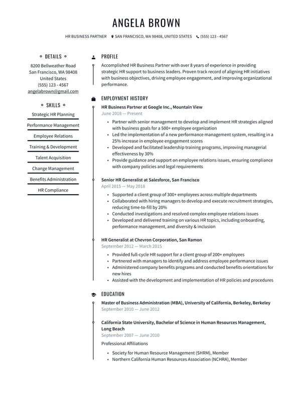 HR Business Partner resume example