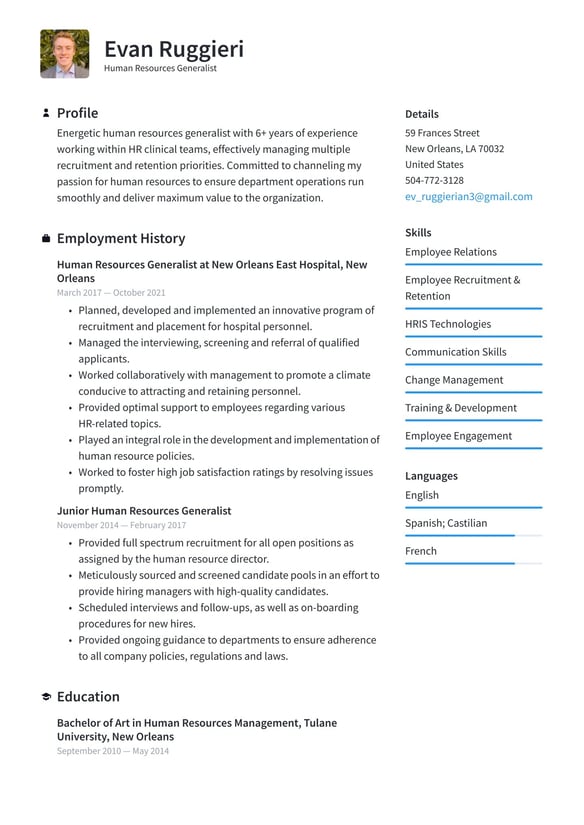 Human Resource Generalist resume example