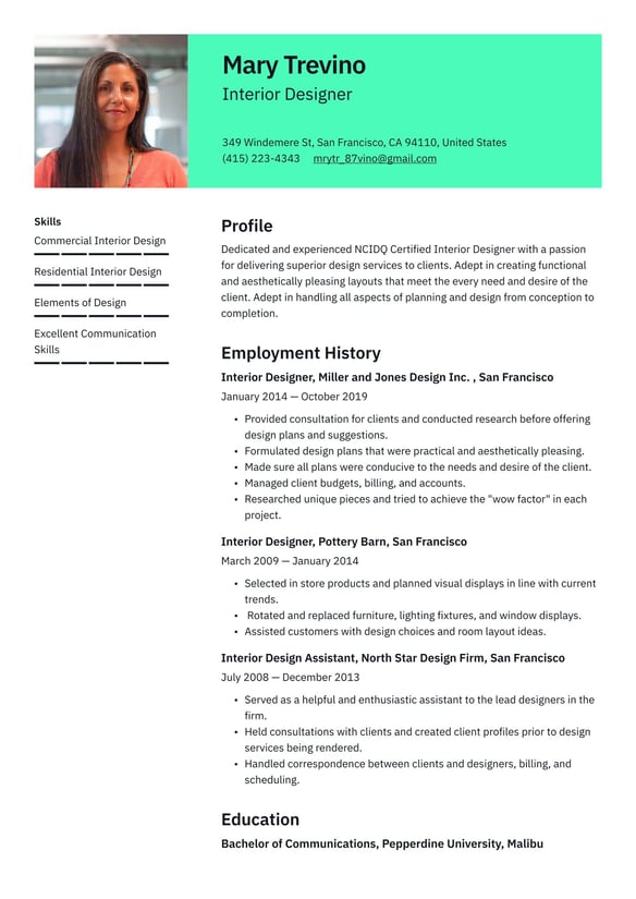 Interior Designer resume example