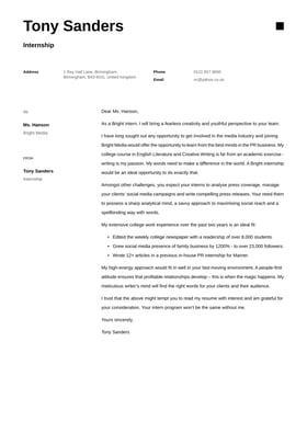 Internship cover letter example