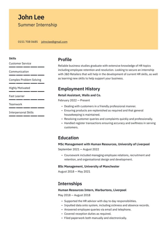 Internship resume example