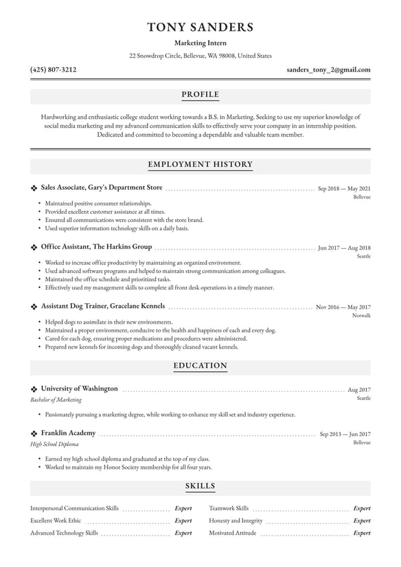 Internship resume example