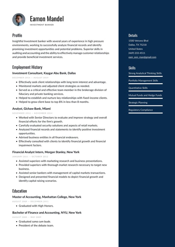 Investment Banker resume example