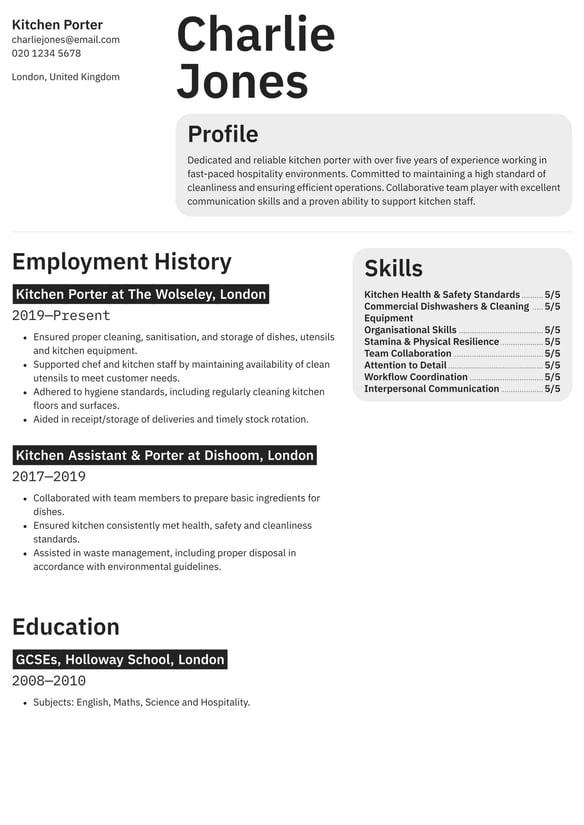 Kitchen Porter resume example
