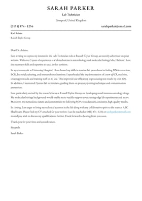 Lab Technician cover letter example