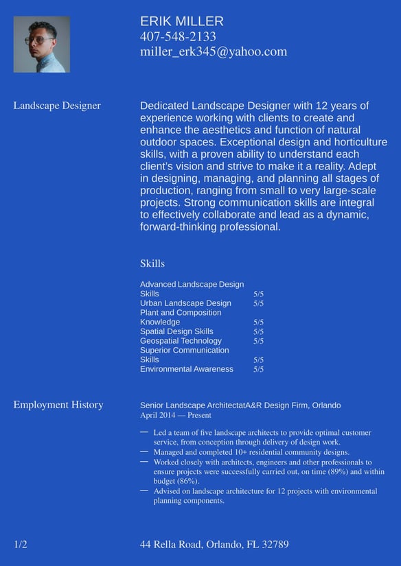 Landscape Designer resume example