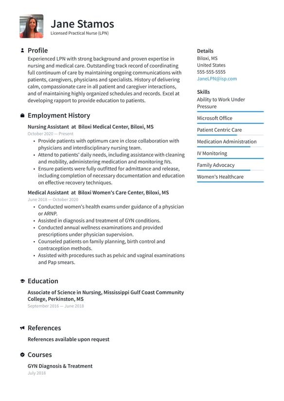 Licensed Practical Nurse (LPN) resume example