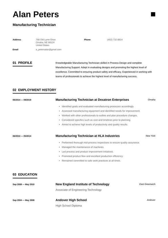 Manufacturing Technician resume example