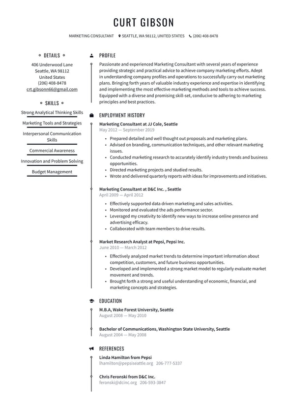 Marketing Consultant resume example