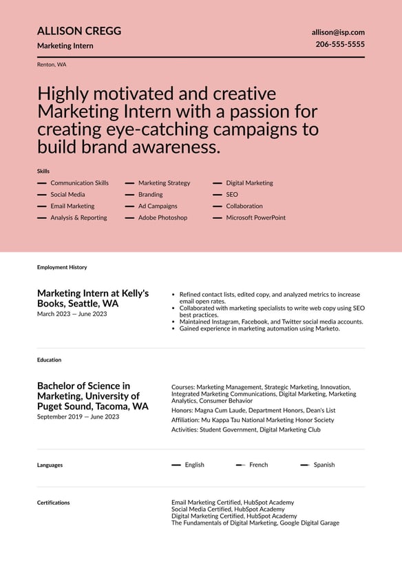 Marketing Intern resume example