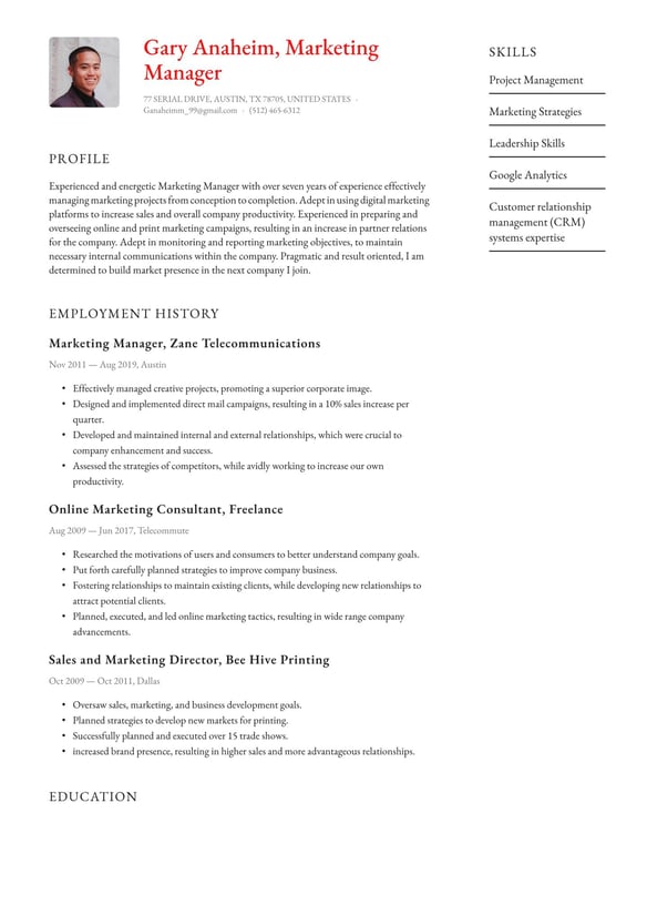 Marketing Manager resume example