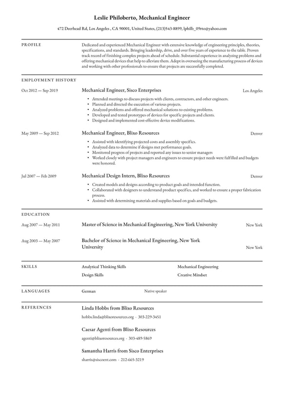 Mechanical Engineer resume example