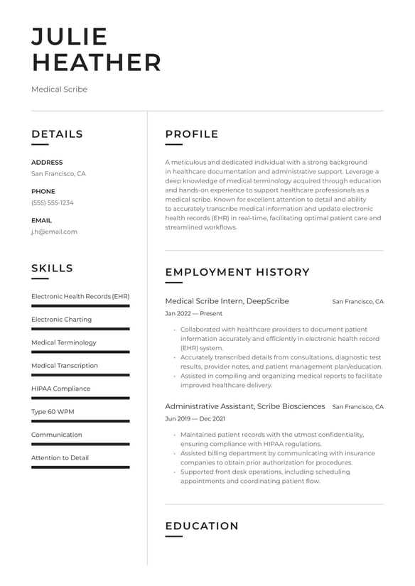Medical Scribe resume example