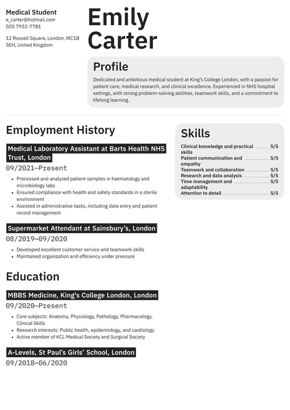 Medical Student resume example