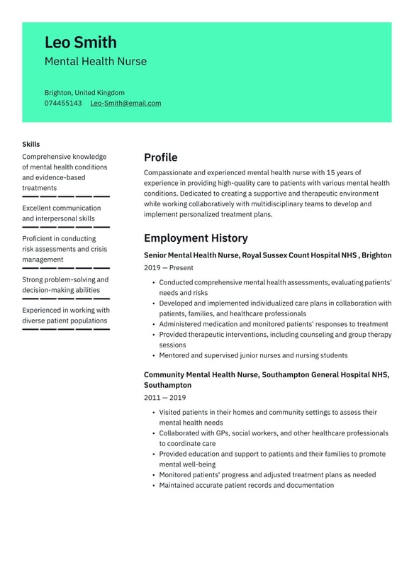 Mental Health Nurse resume example