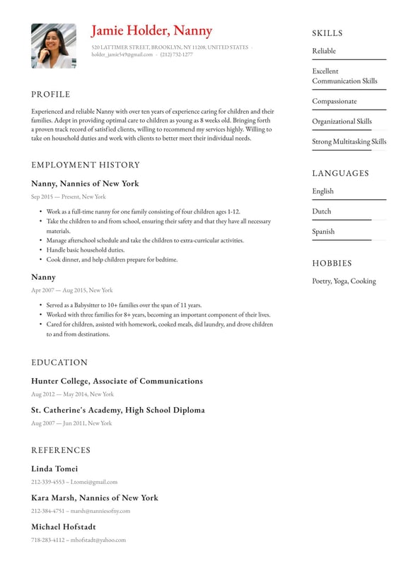 Nanny resume example