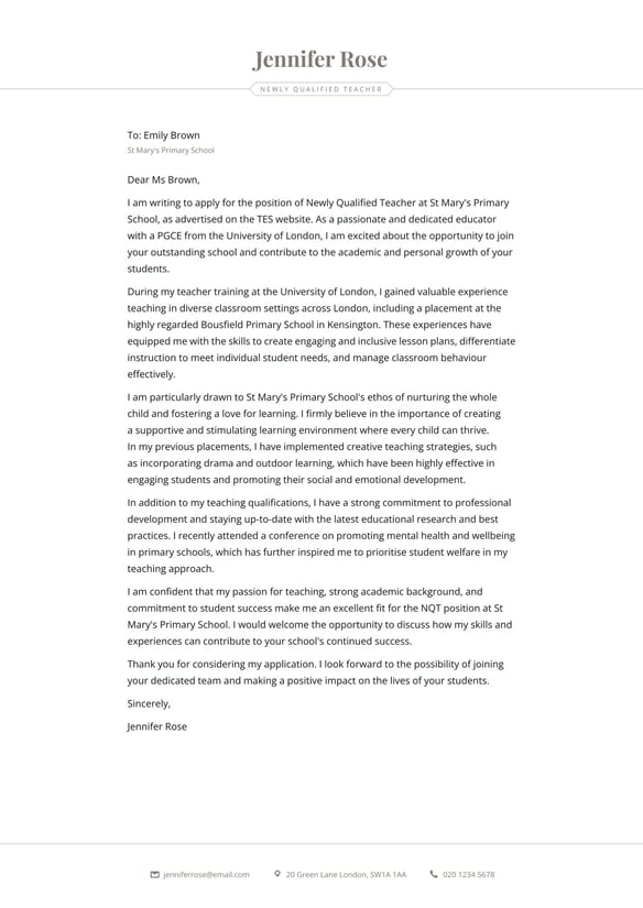 Newly Qualified Teacher cover_letter example