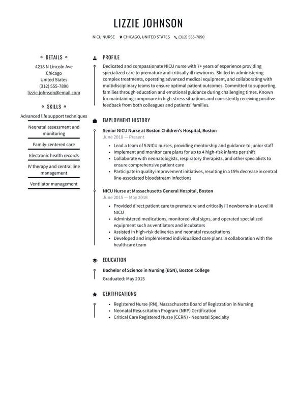 NICU Nurse resume example