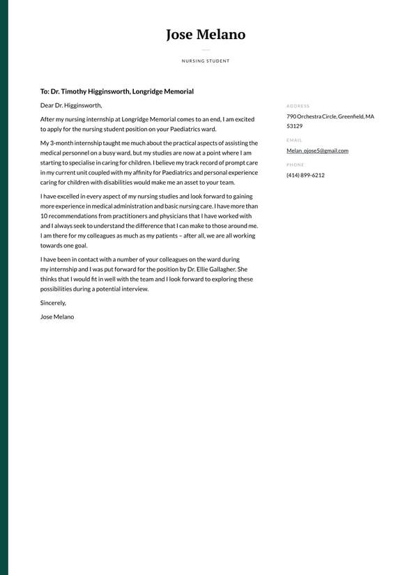 Nursing Student cover_letter example