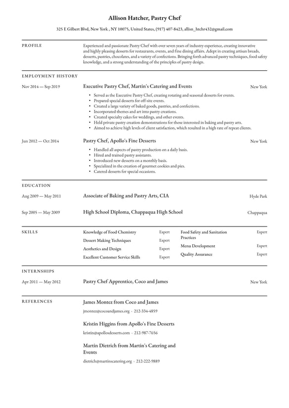 Pastry Chef resume example
