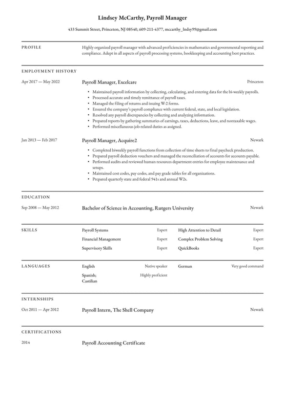 Payroll Manager resume example