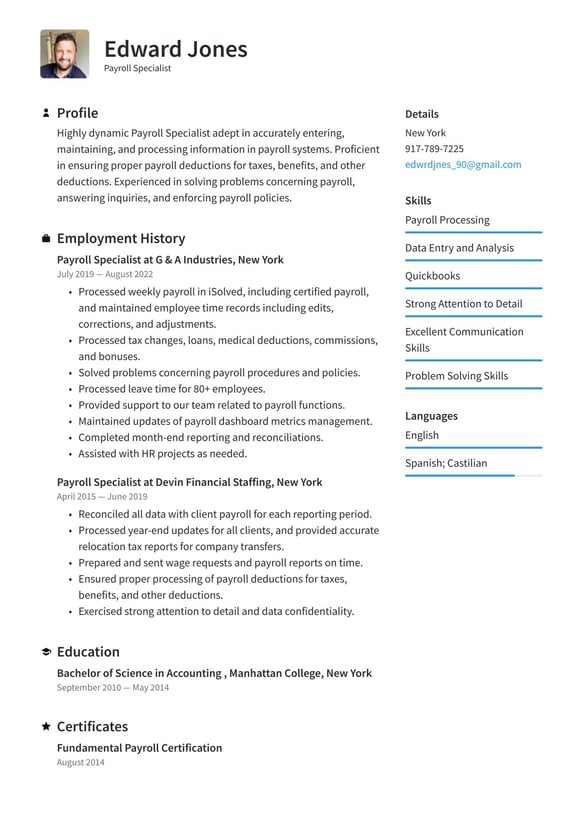 Payroll Specialist resume example