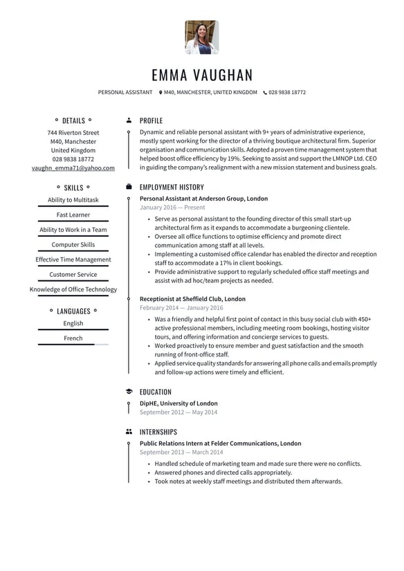 Personal Assistant resume example