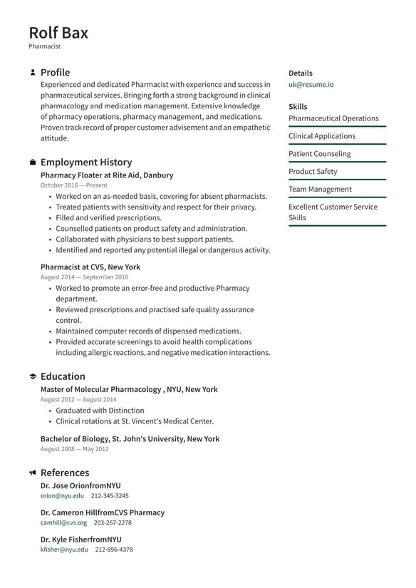 Pharmacist resume example