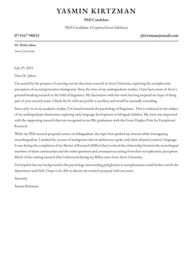 PhD cover letter example