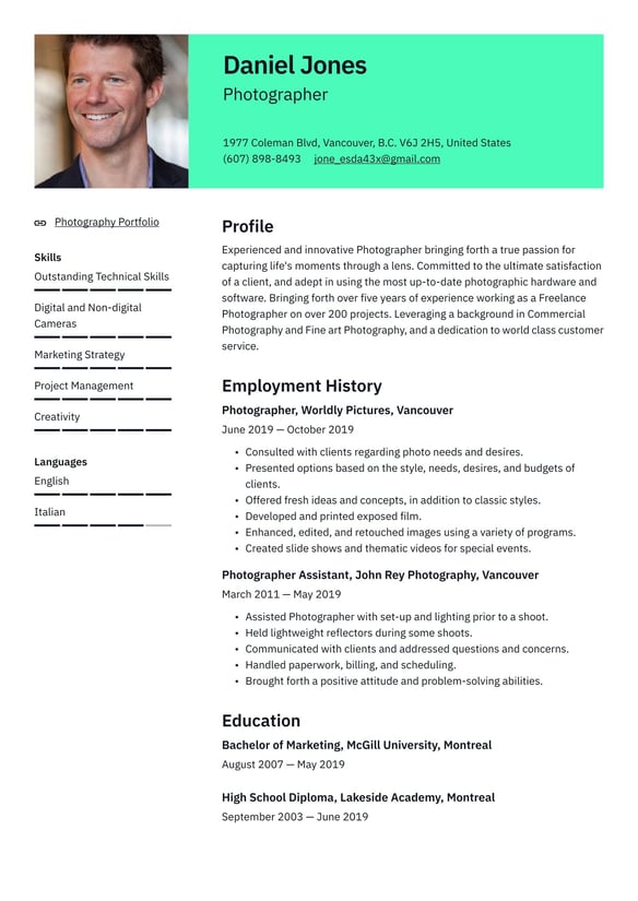 Photographer resume example