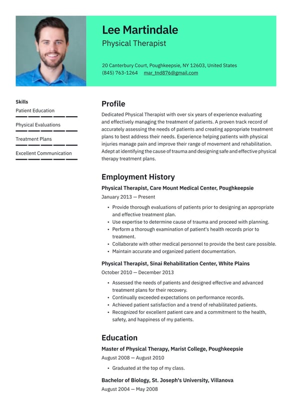 Physical Therapist resume example
