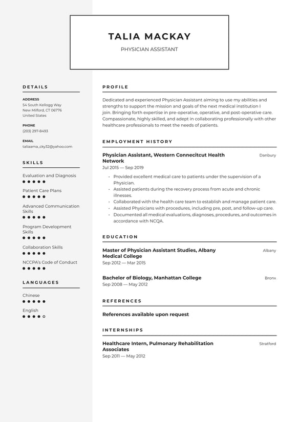 Physician Assistant  resume example
