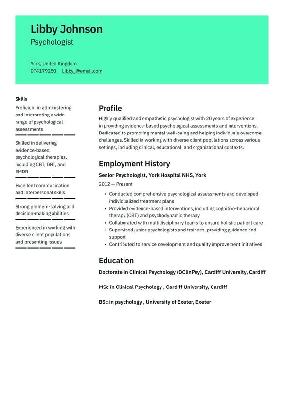 Psychologist resume example