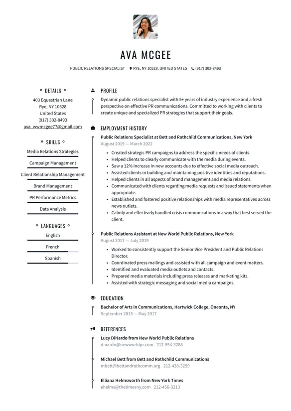 Public Relations resume example