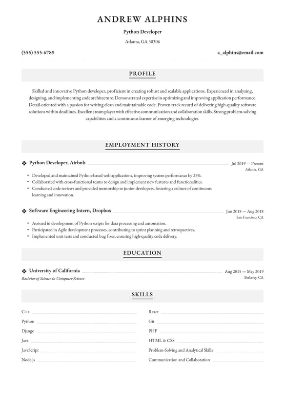 Python Developer resume example