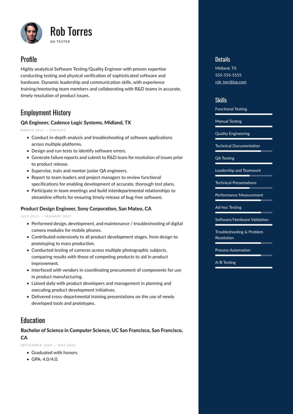 QA Tester resume example