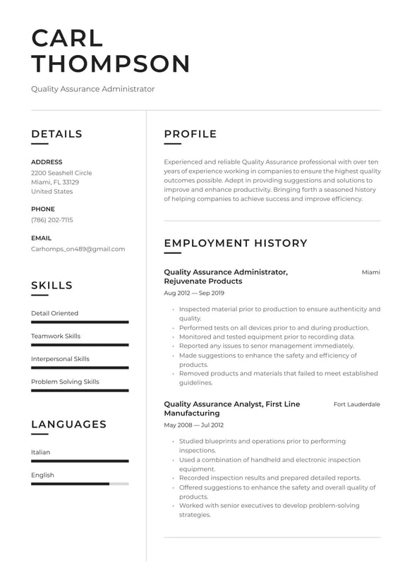 Quality Assurance resume example