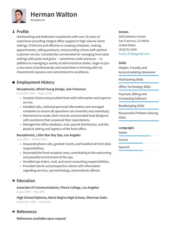 Receptionist resume example