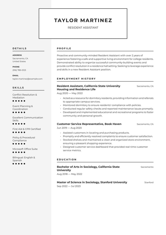 Resident Assistant resume example