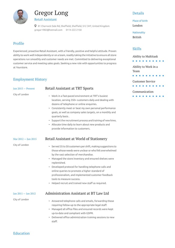 Retail resume example