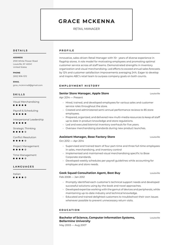 Retail Manager resume example