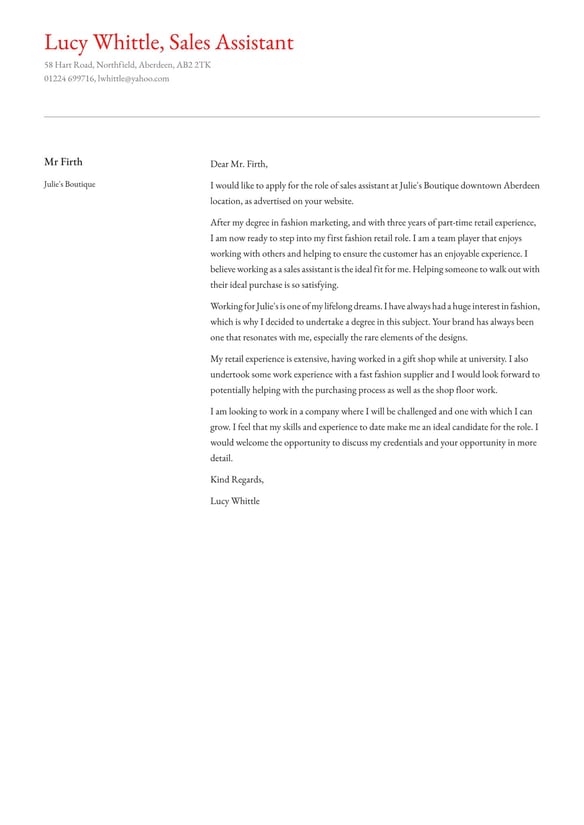 Sales Assistant cover_letter example
