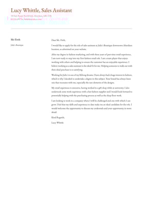 Sales Assistant cover letter example