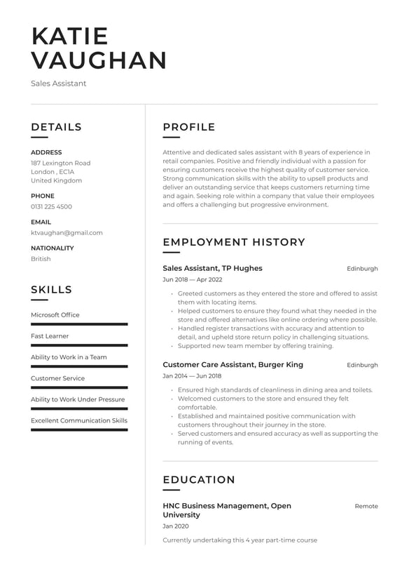 Sales Assistant resume example