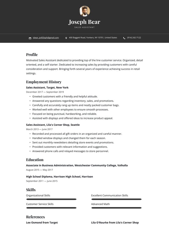 Sales Assistant resume example