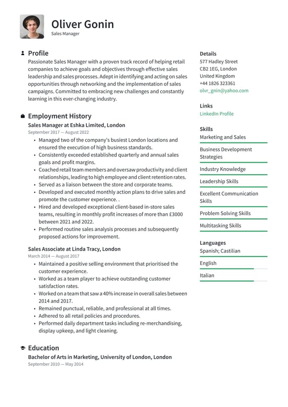 Sales Manager resume example