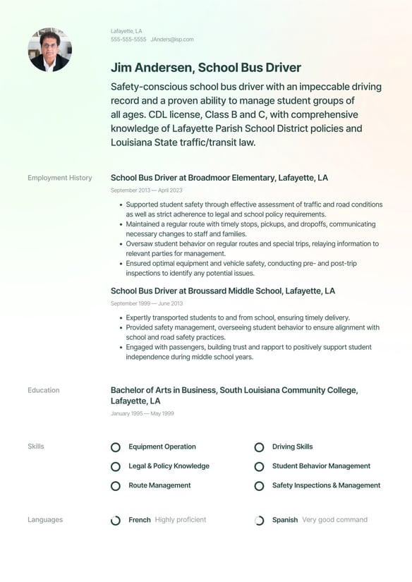 School Bus Driver resume example