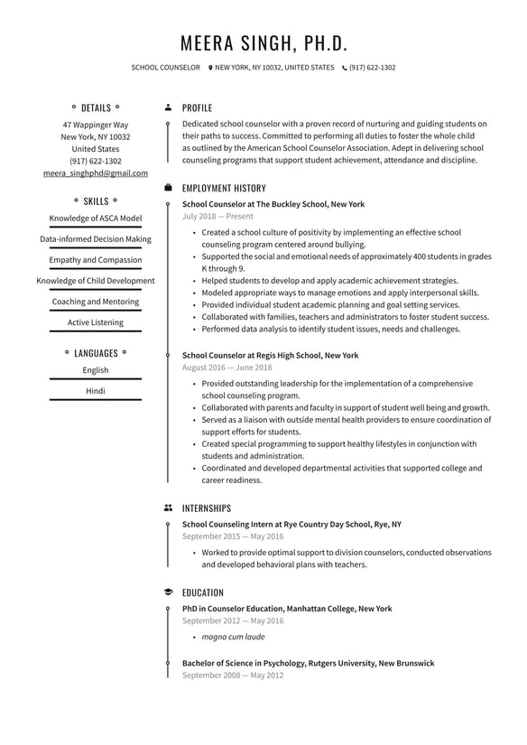 School Counselor resume example
