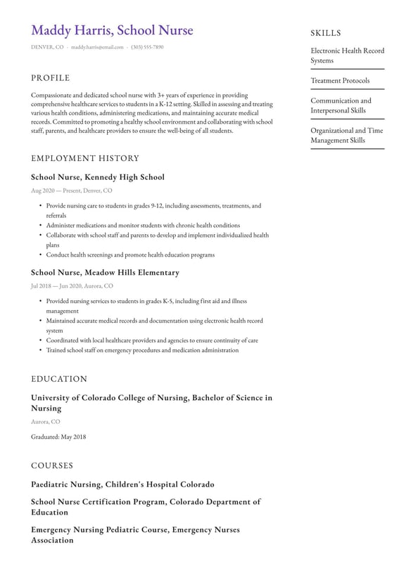 School Nurse resume example