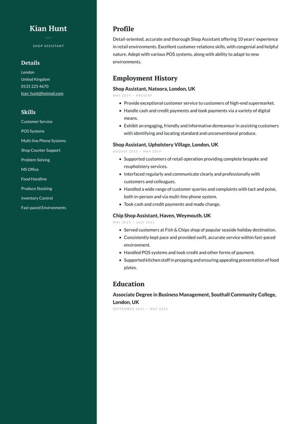 Shop Assistant resume example